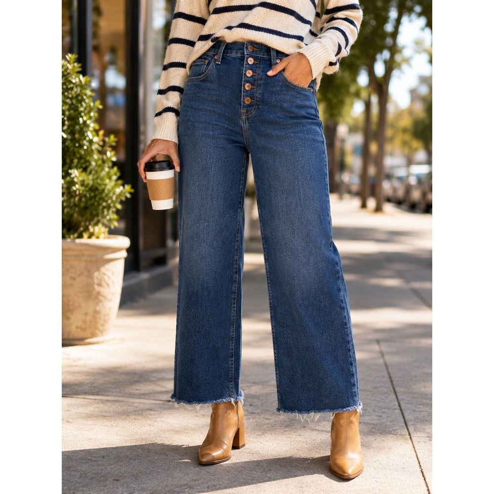 Gap Denim High Rise Wide Leg Button Fly Raw Hem Jeans Medium Wash 29